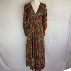 ME 2 MAGIC WOMEN FALL COLORFUL PAISLEY RUFFLE V-NECK LONG SLEEVE MAXI DRESS SZ S